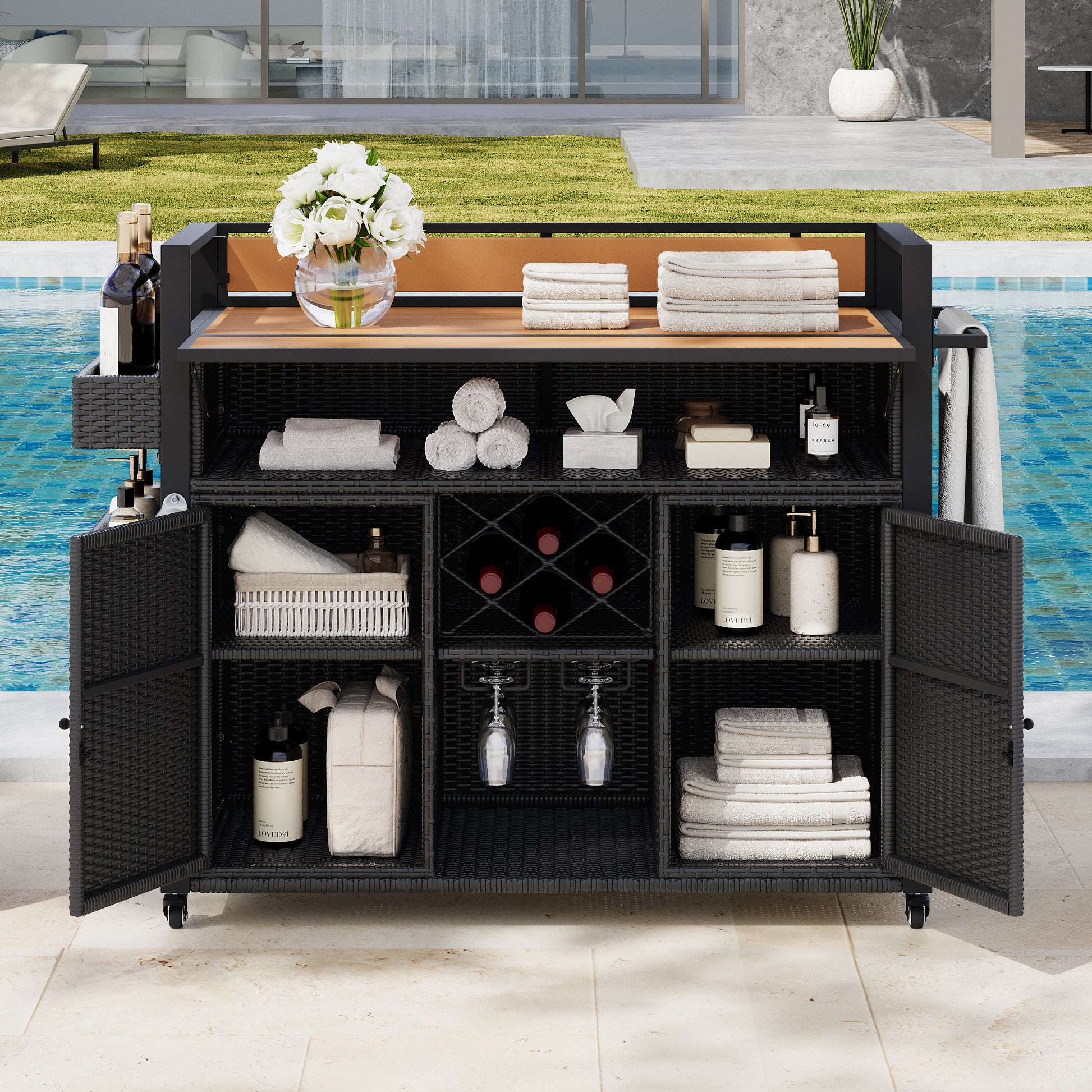 K&K 52.8"W Wicker Outdoor Grill Cart with Extended Plastic Wood Table Top, Rolling Kitchen Island on Wheels with Storage Cabinet, for Patio Backyard Garden Poolside, Double Handle Design, Black Brown
