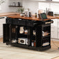 K&K 53'' Farmhouse Kitchen Island with Two Tempered Glass Cabinet Doors, Power Outlet, Rolling Kitchen Cart on Wheels with Drop Leaf, 5 Open Side Racks, 3 Drawers, for Kitchen, Dining Room, Black