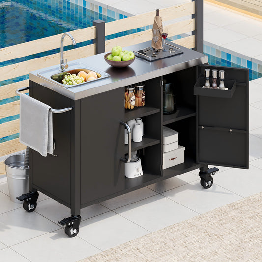 K&K 55.5" Outdoor Kitchen Island with Sink, Metal Grill Cart Table with 304 Stainless Steel Sink, Outdoor Bar Cart Sink Station with 4 Lockable Wheels for Pizza Prep & BBQ, L 55.5" x W 20" H 36.7"