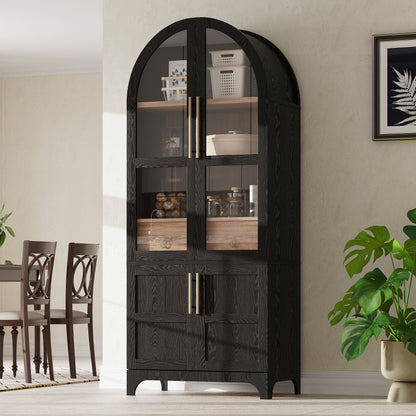 K&K 71" Tall Arched Kitchen Pantry Cabinet with Door Shelves, Farmhouse Kitchen Storage Cabinet with Open & Adjustable Shelves, Hidden Drawer & Glass Door, Cupboard for Kitchen, Dining Room, Black