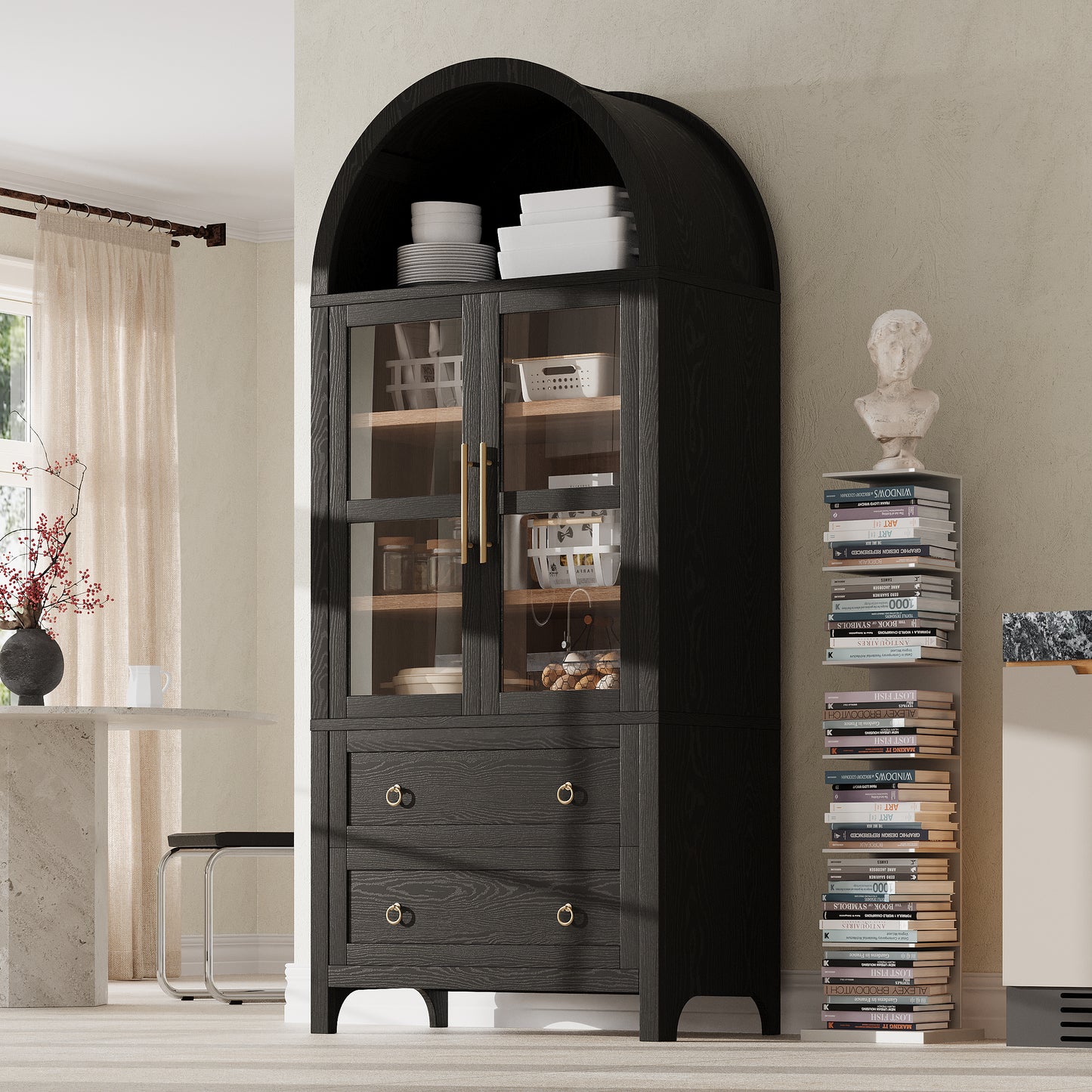 K&K 71" Tall Arched Kitchen Pantry Cabinet with 2 Large Drawers, Modern Farmhouse Kitchen Storage Cabinets with Adjustable Shelves, Glass Door, Wood Versatile Cupboard for Kitchens, Dining Room, Black