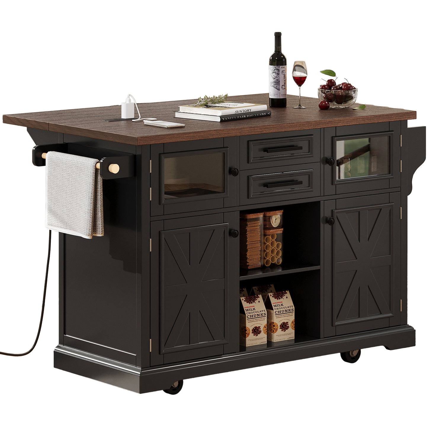 K&K 54.9" Kitchen Island - Drop Leaf, Power Outlet, Black