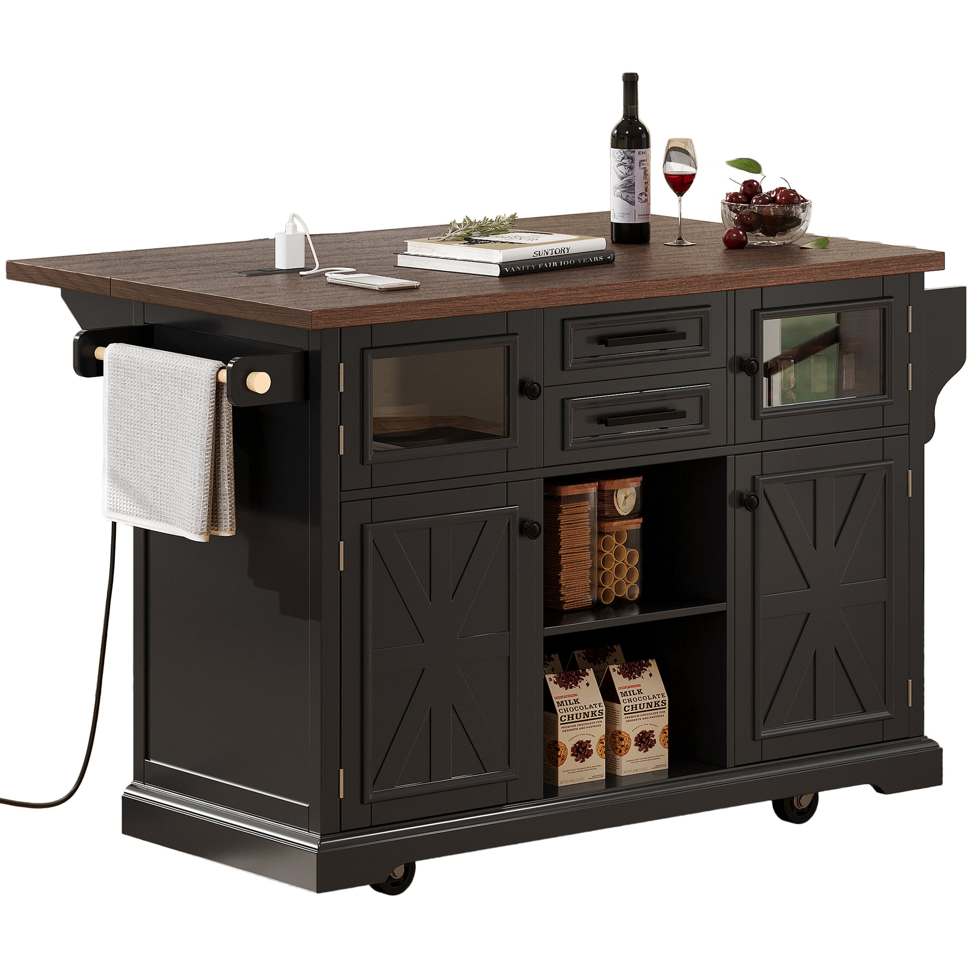 K&K 54.9" Kitchen Island - Drop Leaf, Power Outlet, Black