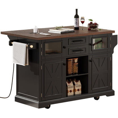 K&K 54.9" Kitchen Island - Drop Leaf, Power Outlet, Black
