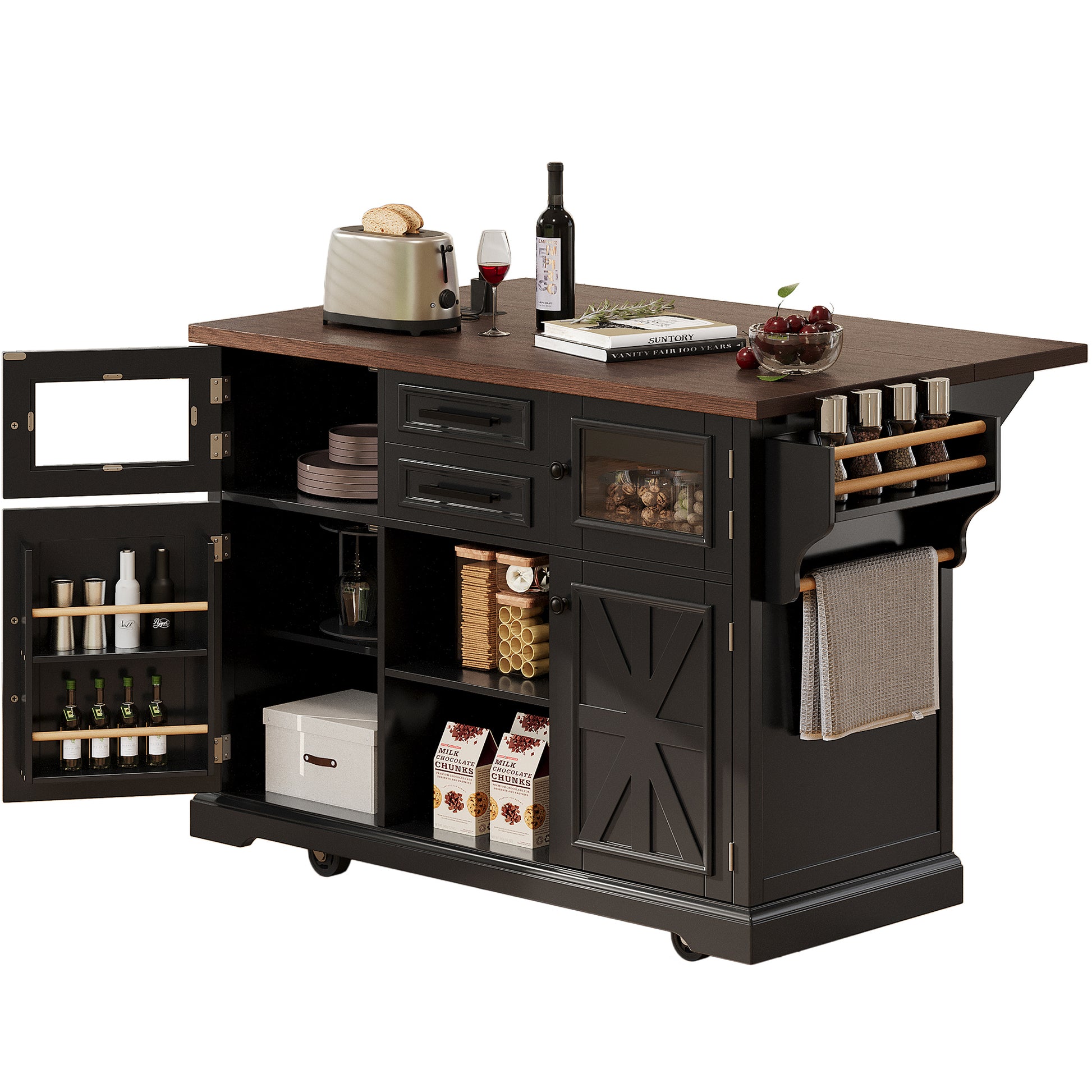 K&K 54.9" Kitchen Island - Drop Leaf, Power Outlet, Black