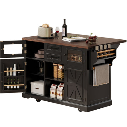 K&K 54.9" Kitchen Island - Drop Leaf, Power Outlet, Black