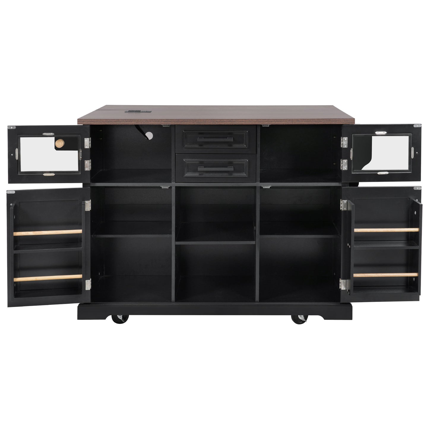 K&K 54.9" Kitchen Island - Drop Leaf, Power Outlet, Black
