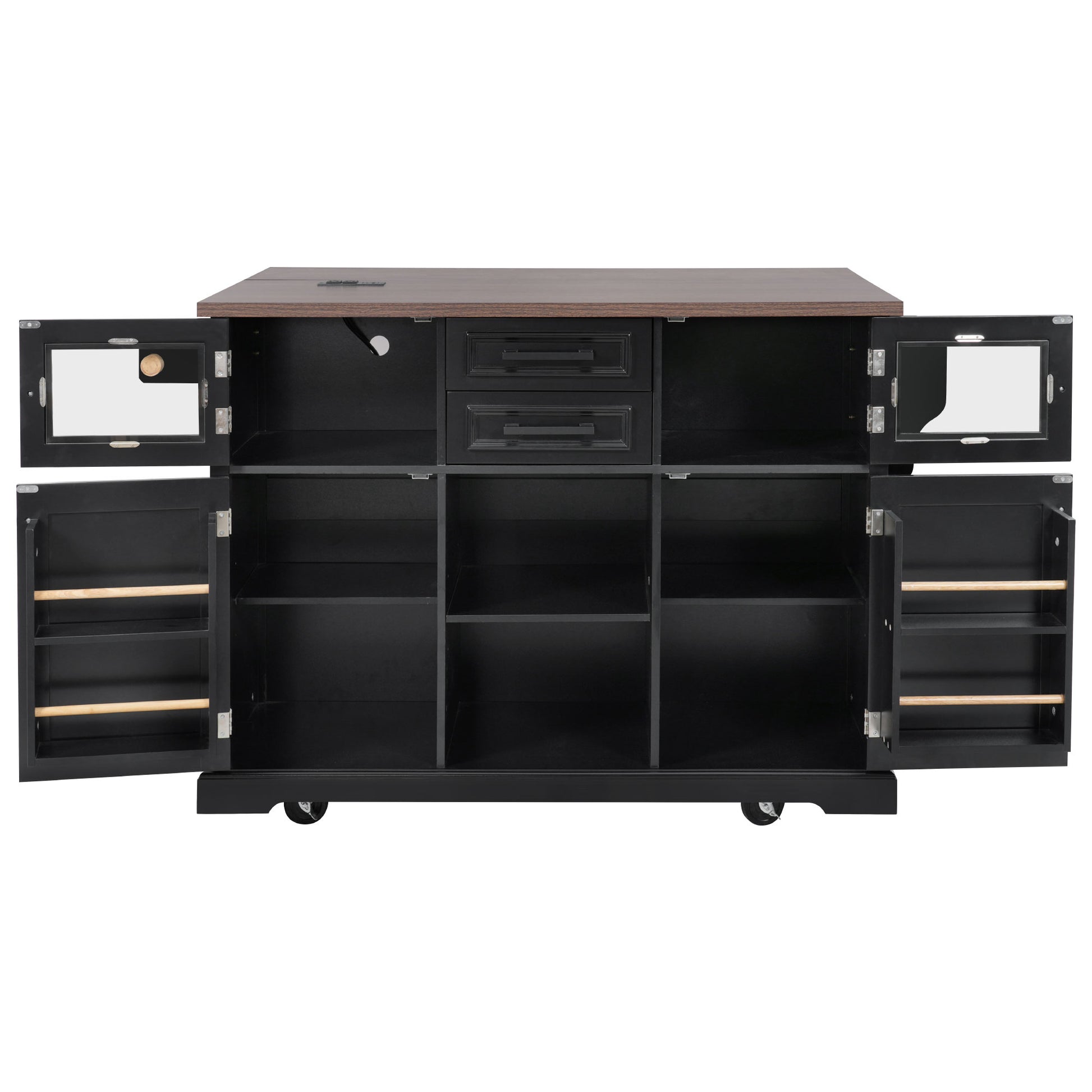 K&K 54.9" Kitchen Island - Drop Leaf, Power Outlet, Black