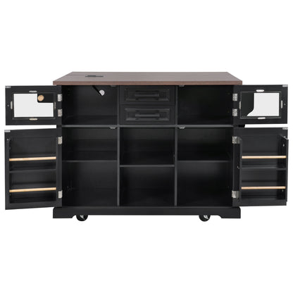 K&K 54.9" Kitchen Island - Drop Leaf, Power Outlet, Black