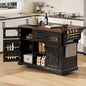 K&K 54.9" Kitchen Island with Drop Leaf, Power Outlet, Kitchen Storage Cart with 4 Door Shelves, Cross Barn Doors & Visual Glass Door, Rolling Kitchen Island on 4 Wheels for Kitchen, Dining Room,Black