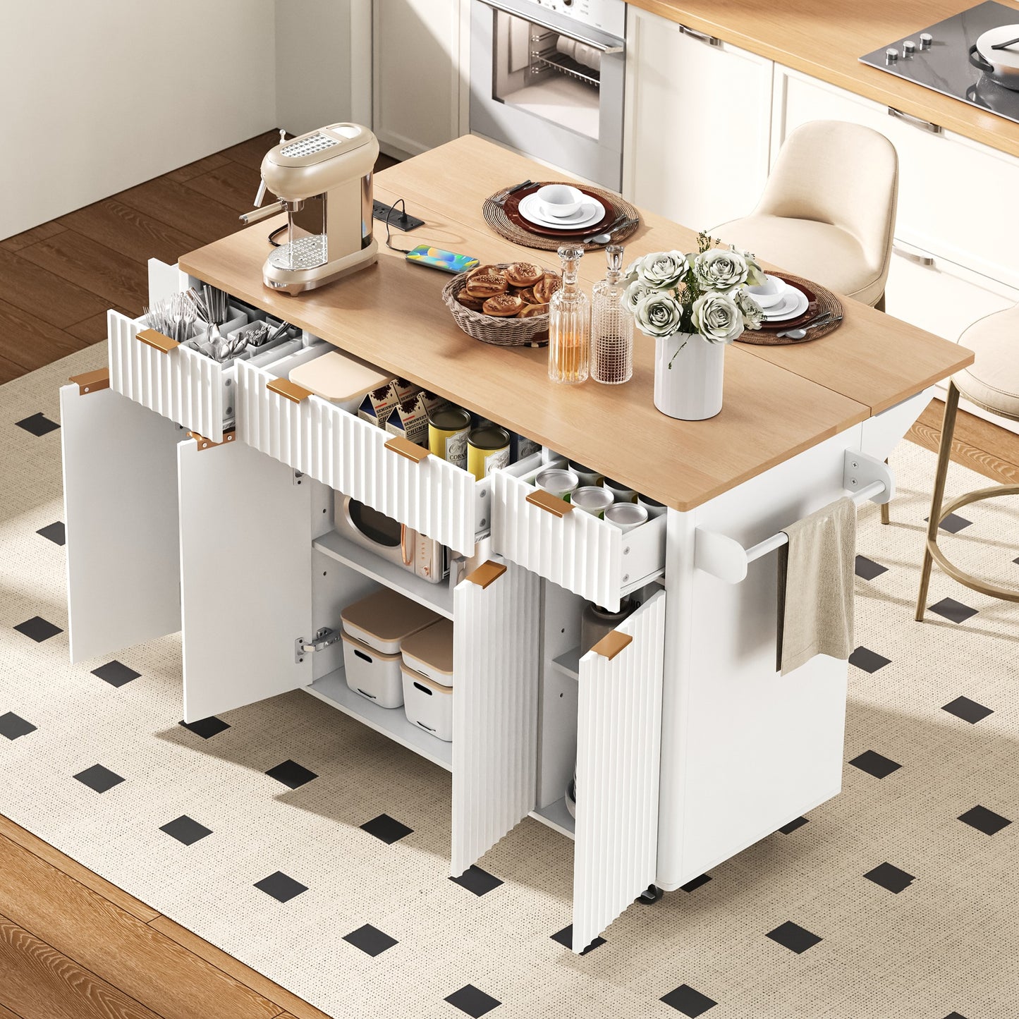 K&K Fluted Kitchen Island with Storage, 55.5" Kitchen Island with Drop Leaf, Power Outlet, 4 Doors and 3 Drawers, Rolling Island Table with Wood-grain Top, Curved Edge for Kitchen,Dining Room White