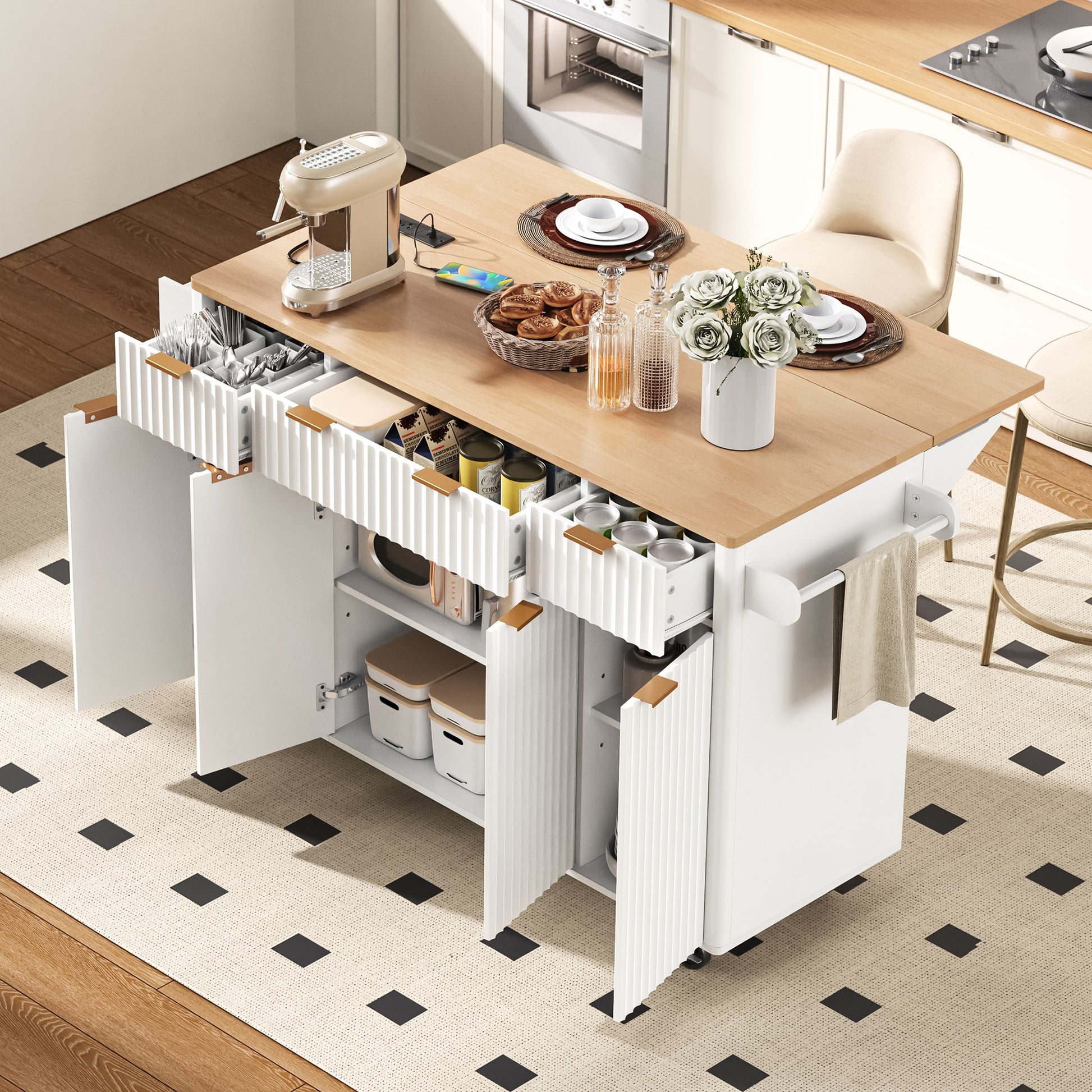 K&K Fluted Kitchen Island with Storage, 55.5" Kitchen Island with Drop Leaf, Power Outlet, 4 Doors and 3 Drawers, Rolling Island Table with Wood-grain Top, Curved Edge for Kitchen,Dining Room White