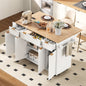 K&K Fluted Kitchen Island with Storage, 55.5" Kitchen Island with Drop Leaf, Power Outlet, 4 Doors and 3 Drawers, Rolling Island Table with Wood-grain Top, Curved Edge for Kitchen,Dining Room White