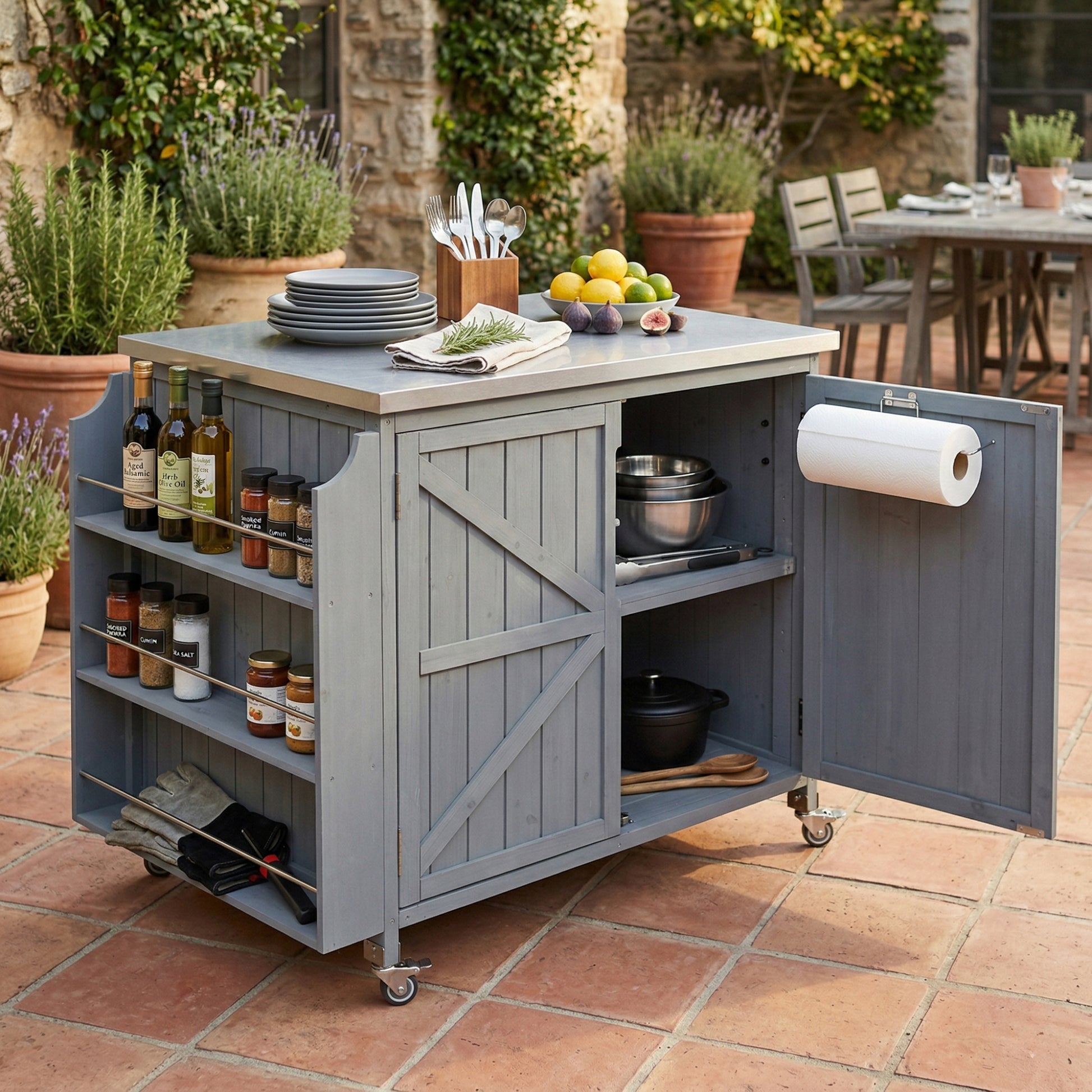 K&K 42.1" Outdoor Kitchen Island with Side Shelf, Outdoor Grill Cart with Storage Cabinet, Outdoor Kitchen Cabinet with Stainless Steel Top,  Adjustable Shelf and 4  Wheels for Pizza Prep, Grey Blue
