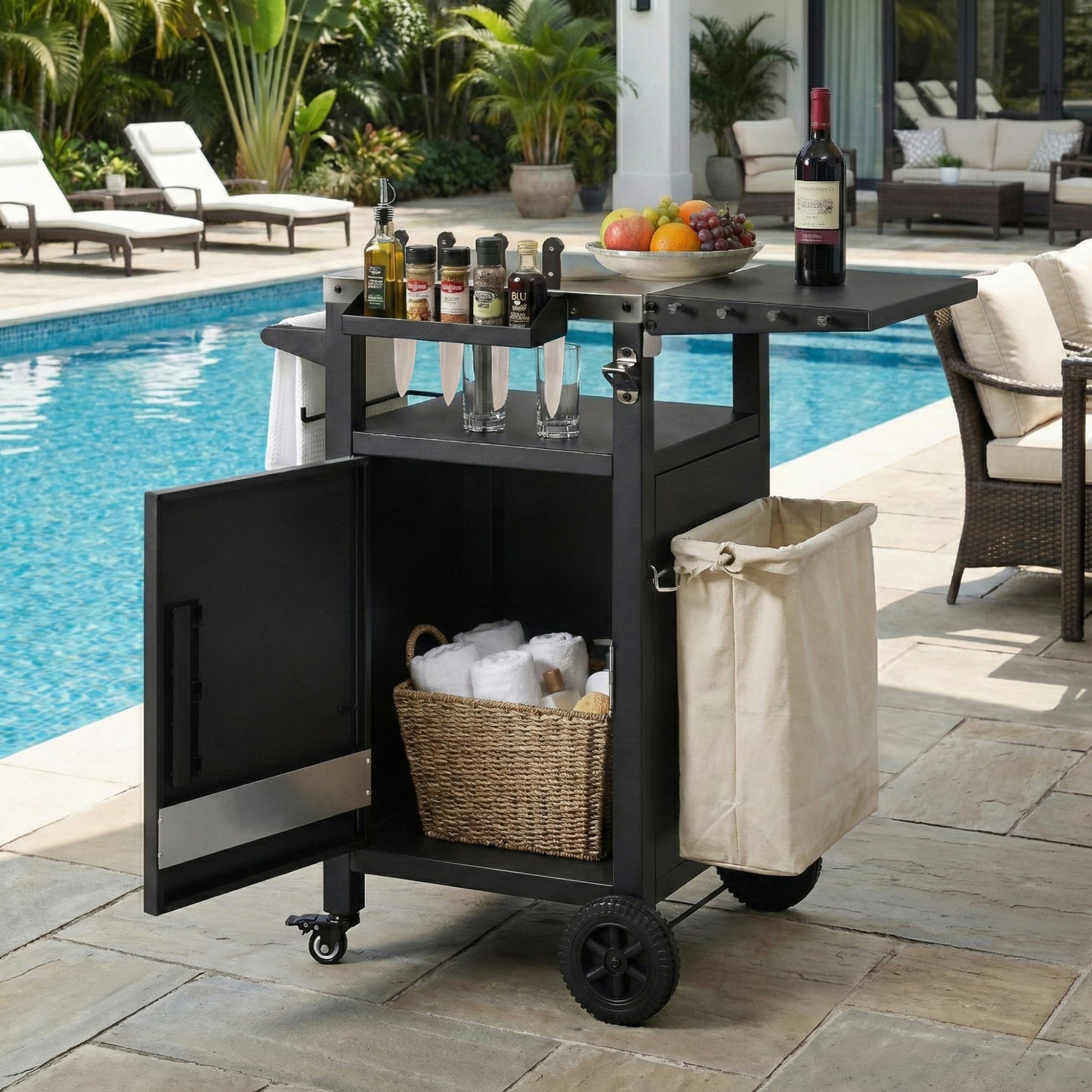 K&K 33.9" Outdoor Grill Cart with Drop Leaf, Outdoor Metal Bar Cart Pizza Oven Table with Wheels, Stainless Steel Top, Outdoor Kitchen Island with Storage Cabinet & Spice & Paper Rack for BBQ, Waterpr