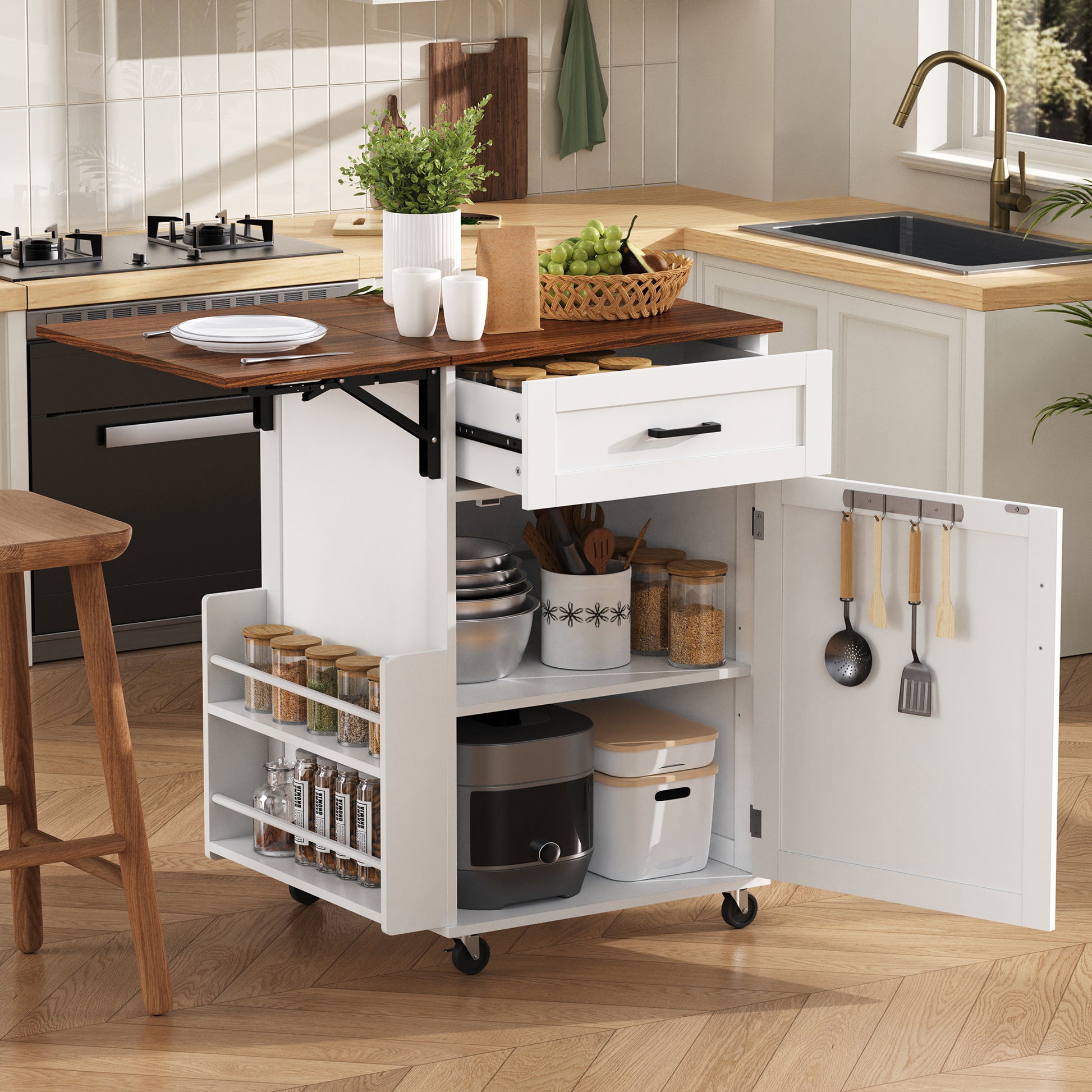 K&K 39.3" Farmhouse Kitchen Island with Drop Leaf, Kitchen Storage Island with Open Side Rack, One Drawer, Towel Rack, Rolling Kitchen Cart with Lockable Wheels for Lawn Garden, White