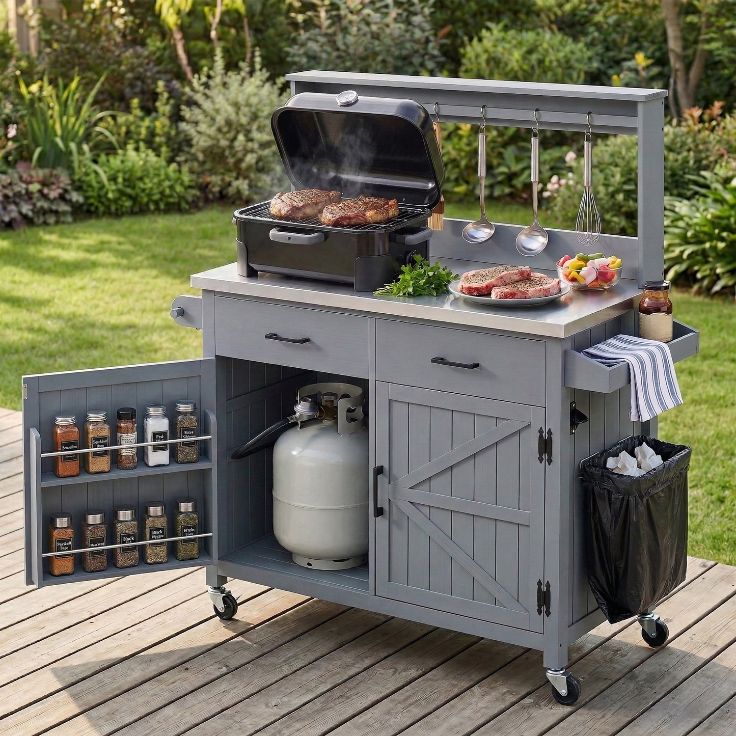 K&K 54.1" Outdoor Kitchen Island with High Shelf, Large Outdoor Potting Bench Table with Stainless Steel Top and Storage Cabinet, Solid Wood Grill Cart With Lockable Wheels for BBQ, Garden, Grey Blue