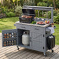 K&K 54.1" Outdoor Kitchen Island with High Shelf, Large Outdoor Potting Bench Table with Stainless Steel Top and Storage Cabinet, Solid Wood Grill Cart With Lockable Wheels for BBQ, Garden, Grey Blue