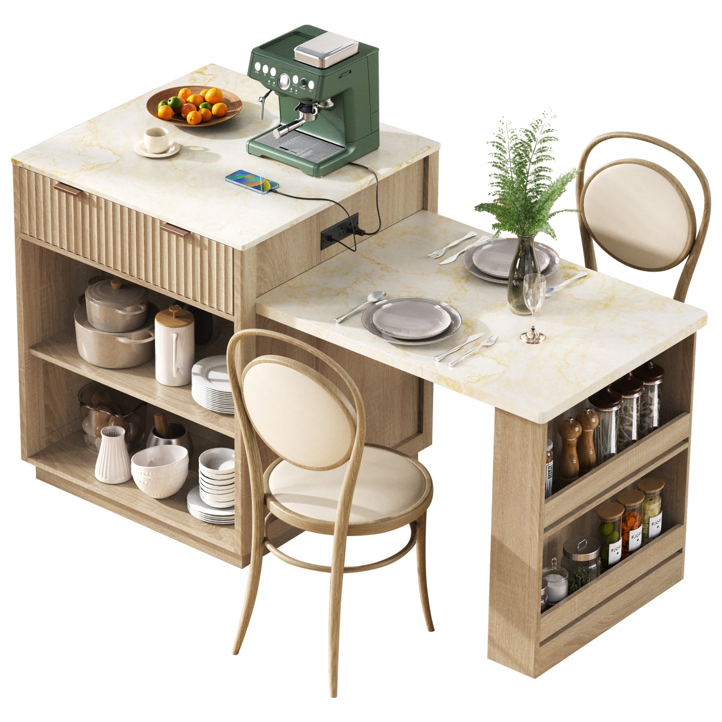 K&K 82.6" Fluted Kitchen Island with Extendable Table - Natural