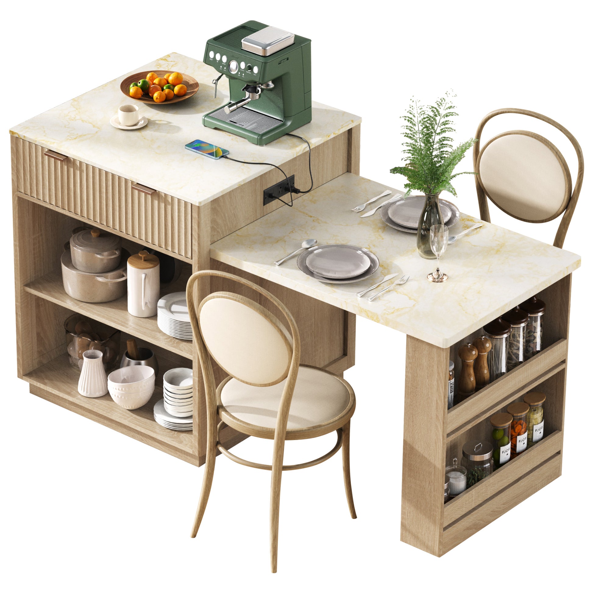K&K 82.6" Fluted Kitchen Island with Extendable Table - Natural