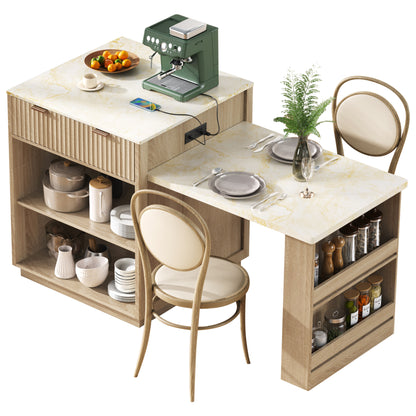 K&K 82.6" Fluted Kitchen Island with Extendable Table - Natural