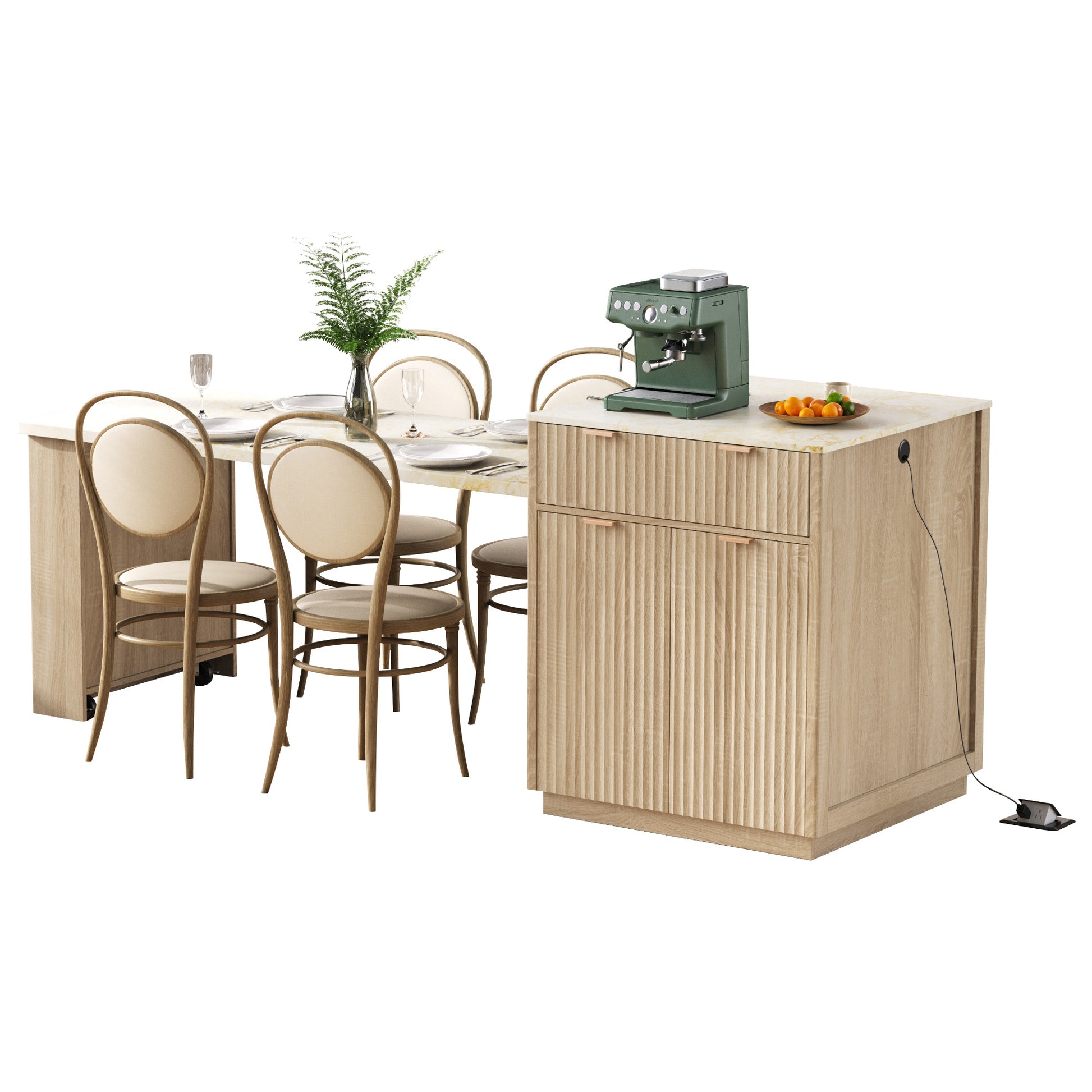 K&K 82.6" Fluted Kitchen Island with Extendable Table - Natural