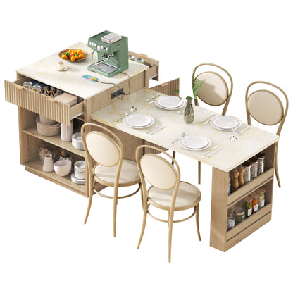 K&K 82.6" Fluted Kitchen Island with Extendable Table - Natural
