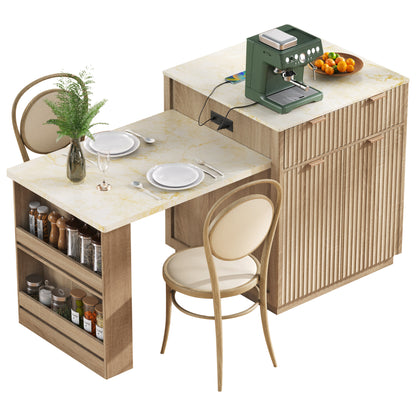 K&K 82.6" Fluted Kitchen Island with Extendable Table - Natural