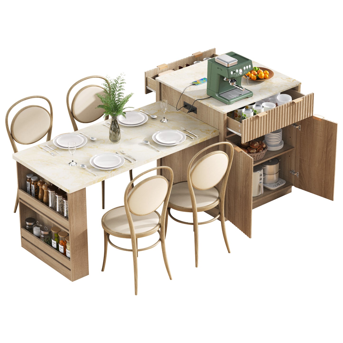 K&K 82.6" Fluted Kitchen Island with Extendable Table - Natural