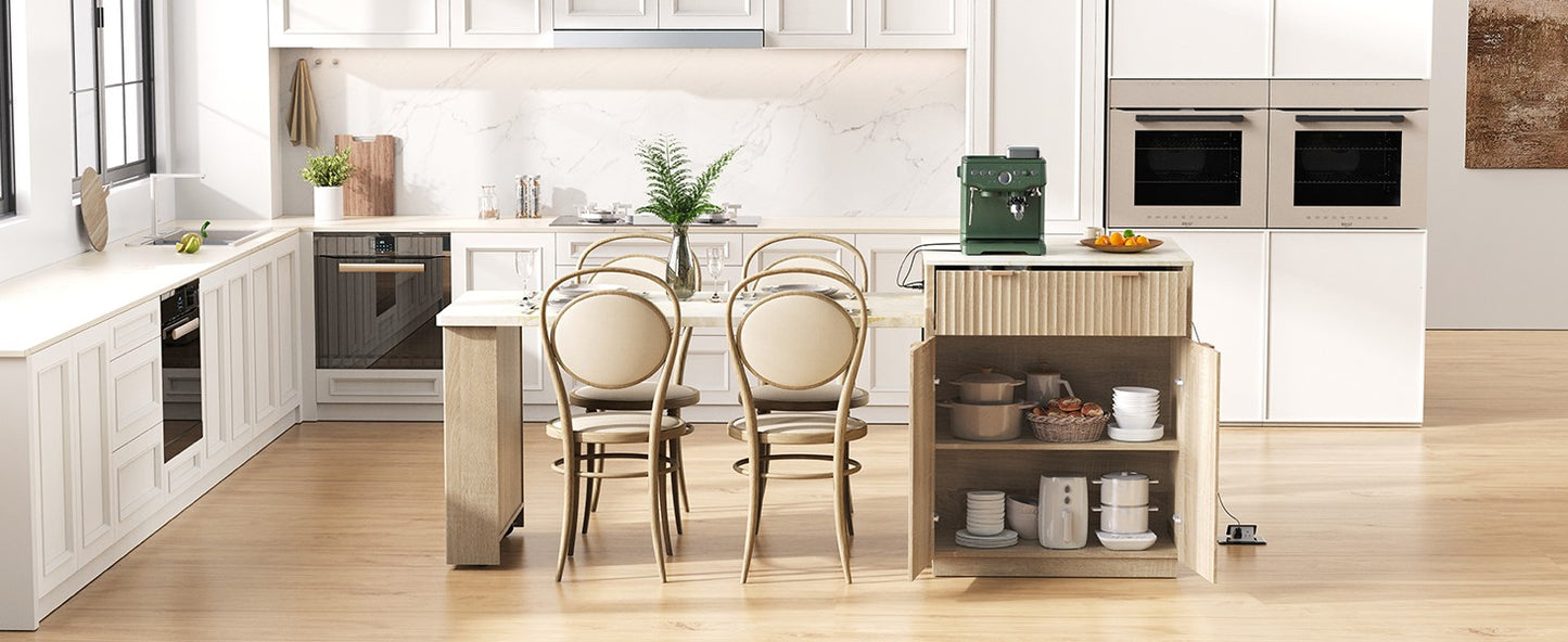 K&K 82.6" Fluted Kitchen Island with Extendable Table - Natural