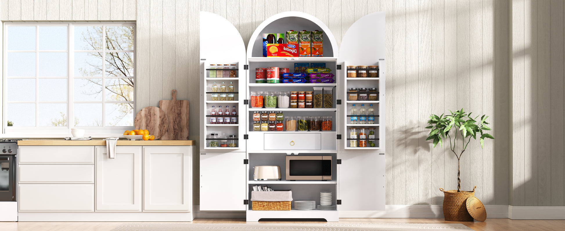 72" White Arched Kitchen Pantry Cabinet - Adjustable Shelves