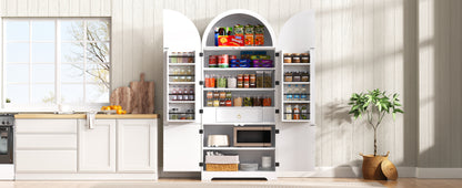 72" White Arched Kitchen Pantry Cabinet - Adjustable Shelves