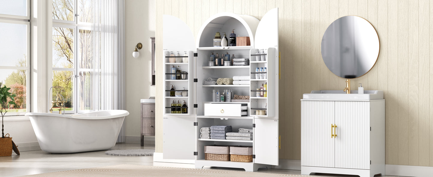 72" White Arched Kitchen Pantry Cabinet - Adjustable Shelves