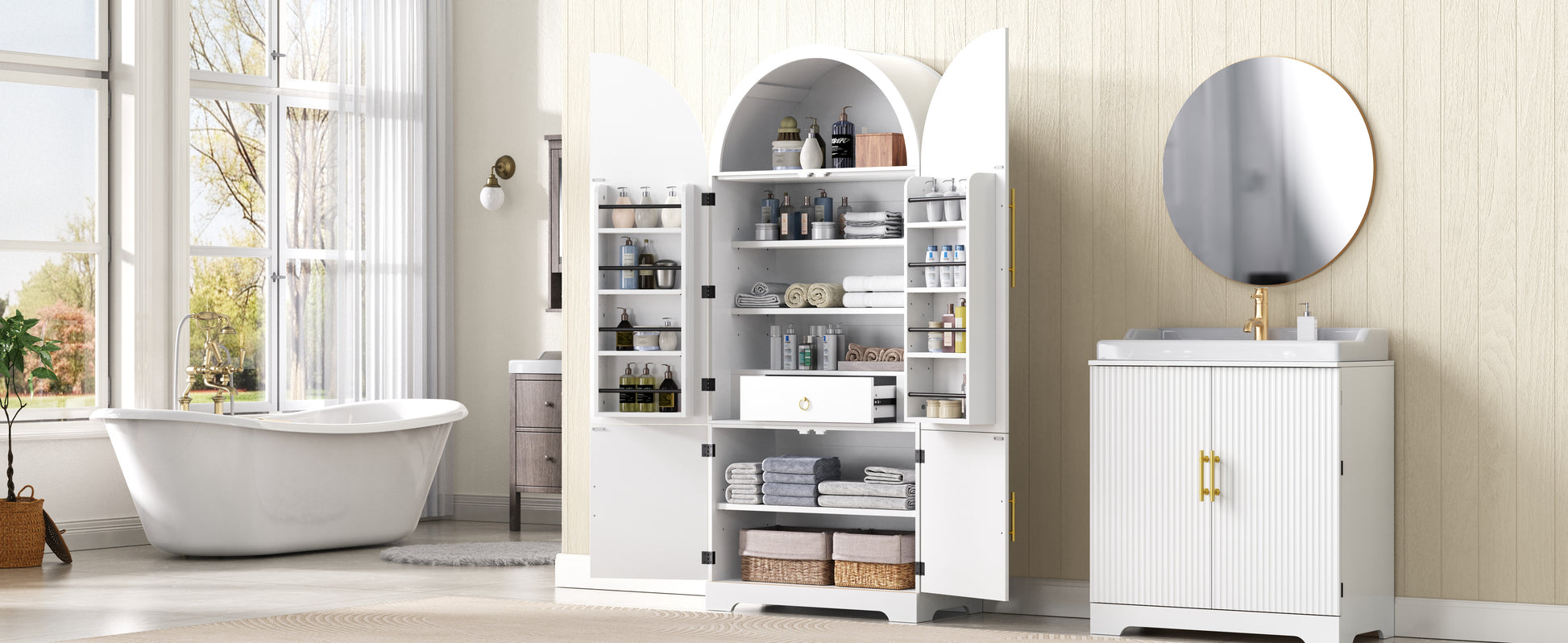 72" White Arched Kitchen Pantry Cabinet - Adjustable Shelves