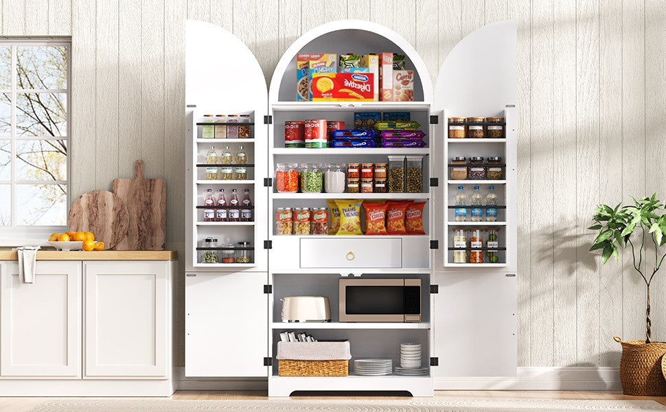 72" White Arched Kitchen Pantry Cabinet - Adjustable Shelves
