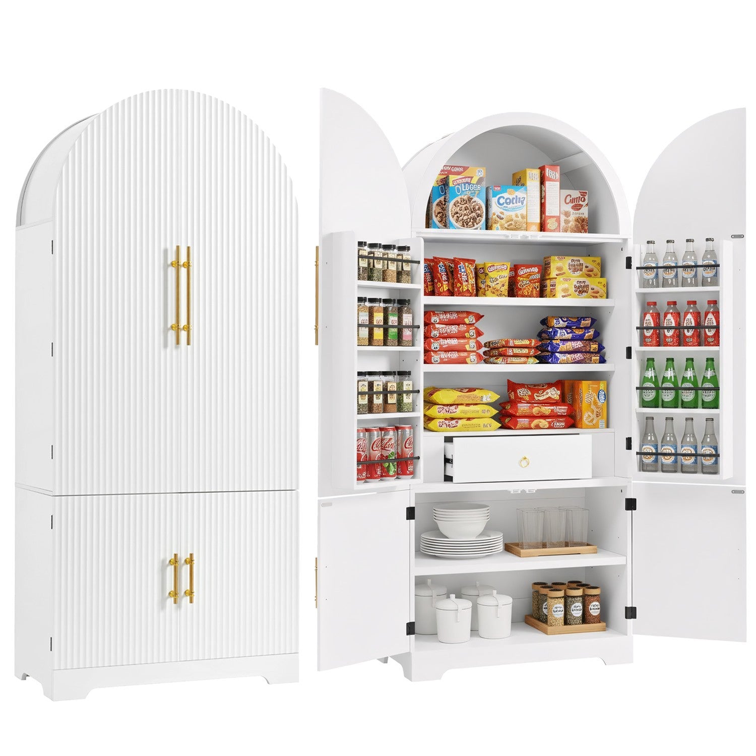 K&K 72" Tall Arched Kitchen Pantry Cabinet with 8 Door Shelves, Fluted Storage Cabinets with 3 Adjustable Shelves, Hidden Drawer, Versatile Cupboard for Kitchen, Dining & Bath Room, White