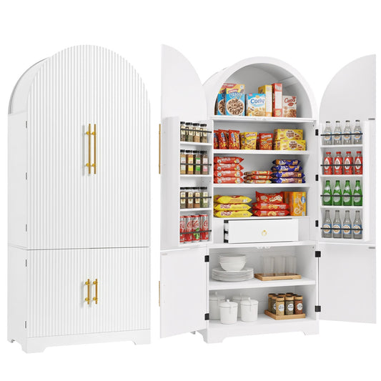 K&K 72" Tall Arched Kitchen Pantry Cabinet with 8 Door Shelves, Fluted Storage Cabinets with 3 Adjustable Shelves, Hidden Drawer, Versatile Cupboard for Kitchen, Dining & Bath Room, White