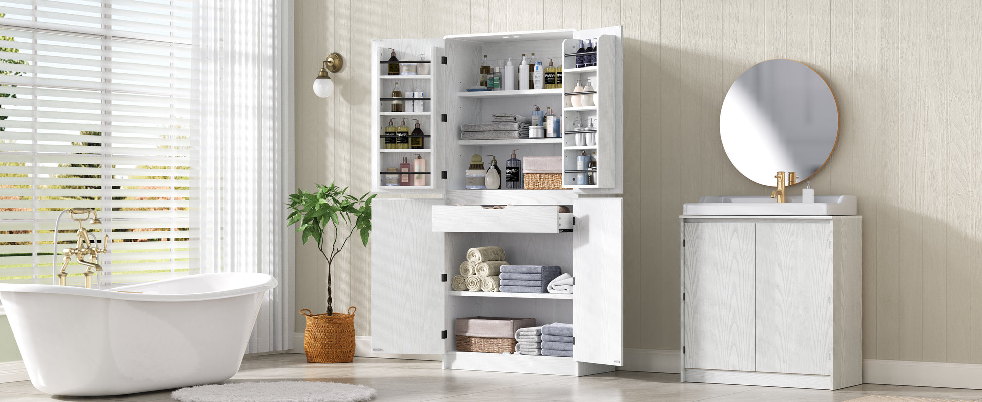 White Kitchen Pantry Cabinet - 31.5" Tall Storage Sideboard