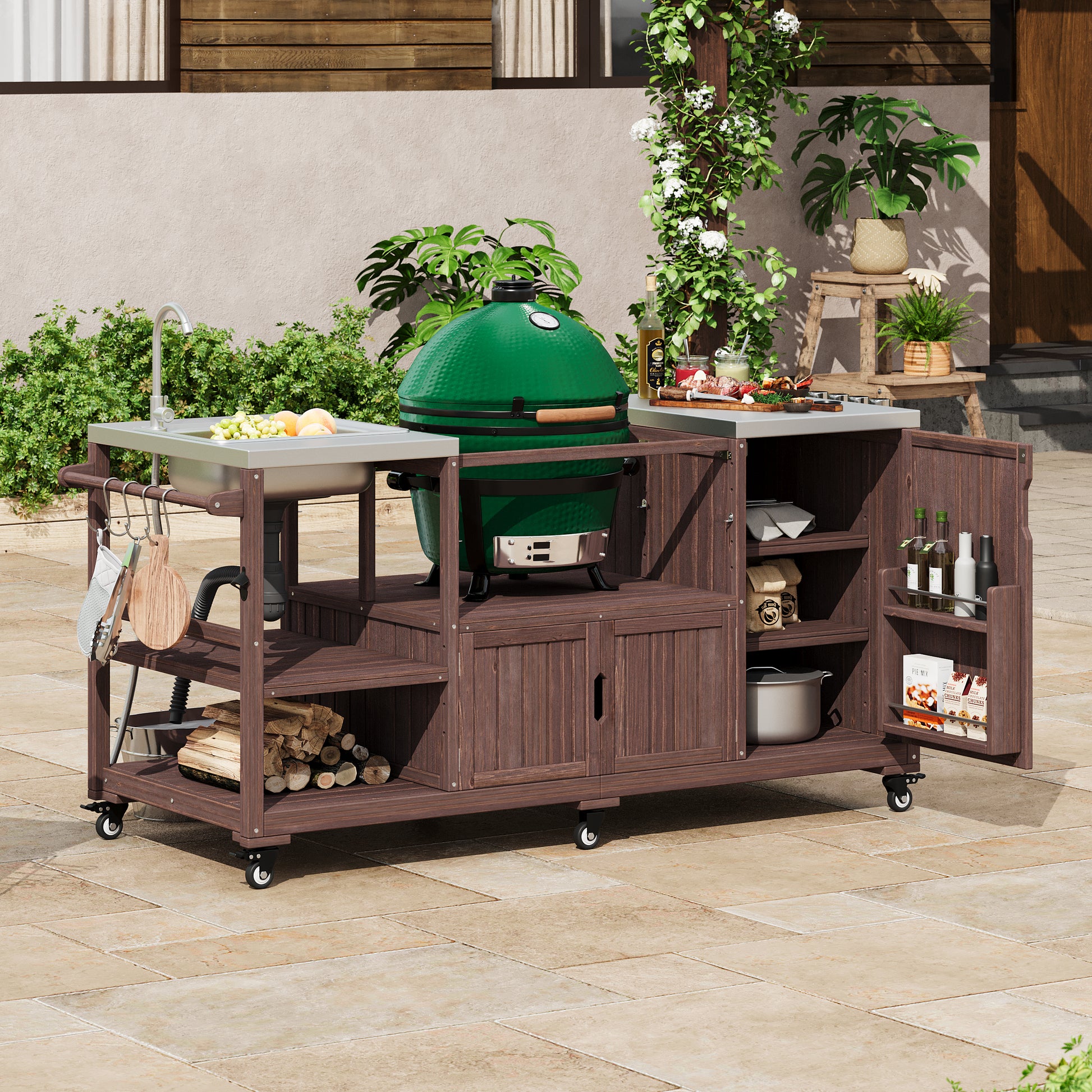 K&K 75.4" Outdoor Kitchen Island with Sink, Solid Wood Outdoor Grill Cart for XL Green Egg Grills, Rolling Outdoor Bar Cart with Stainless Steel Top, for Pizza Prep & BBQ, Brown