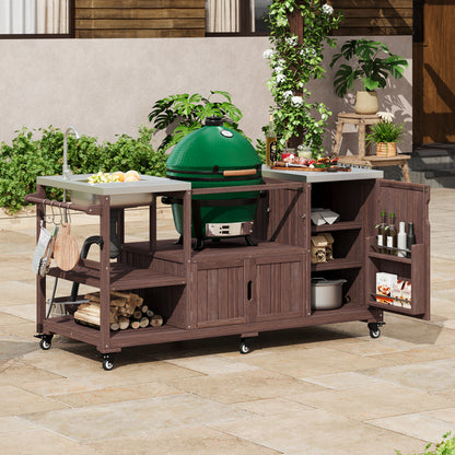 K&K 75.4" Outdoor Kitchen Island with Sink, Solid Wood Outdoor Grill Cart for XL Green Egg Grills, Rolling Outdoor Bar Cart with Stainless Steel Top, for Pizza Prep & BBQ, Brown