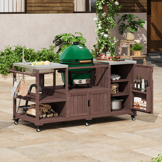 K&K 75.4" Outdoor Kitchen Island with Sink, Solid Wood Outdoor Grill Cart for XL Green Egg Grills, Rolling Outdoor Bar Cart with Stainless Steel Top, for Pizza Prep & BBQ, Brown