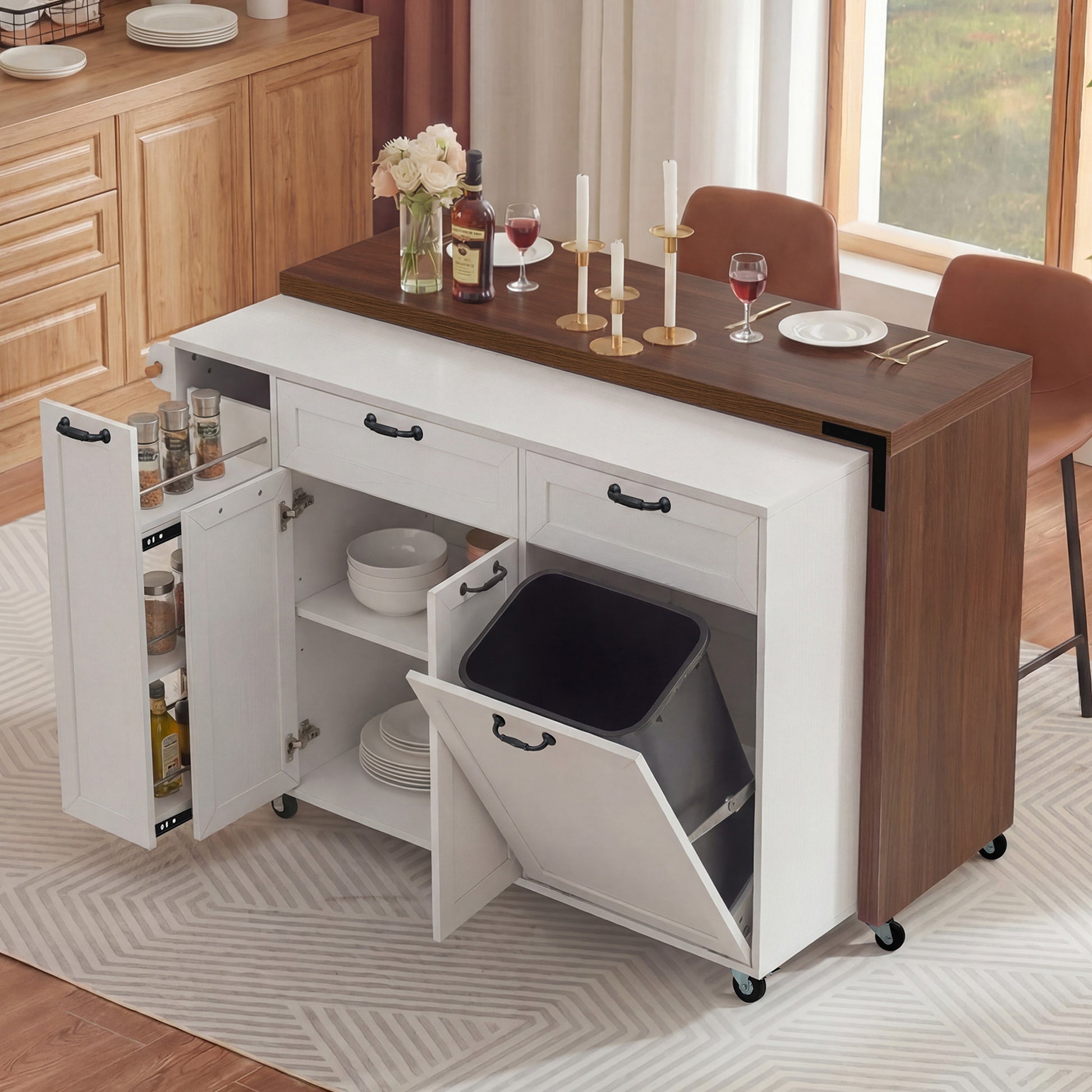 K&K 102.3" Kitchen Island with Extendable Dining Table, Kitchen Rolling Island Cart with Trash Storage Cabinet, 3-Tier Pull-Out Spice Rack, Mobile Island Table on Wheels for Kitchen, Dining Room,White