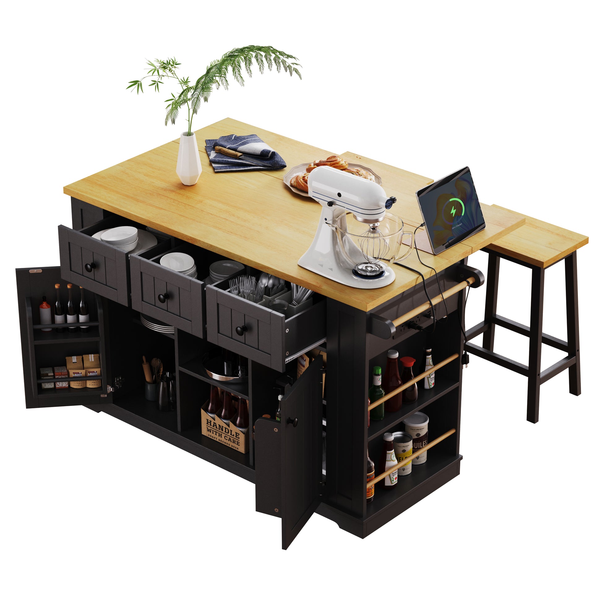 Black Kitchen Island Cart with Power Outlets and Drop Leaf Storage