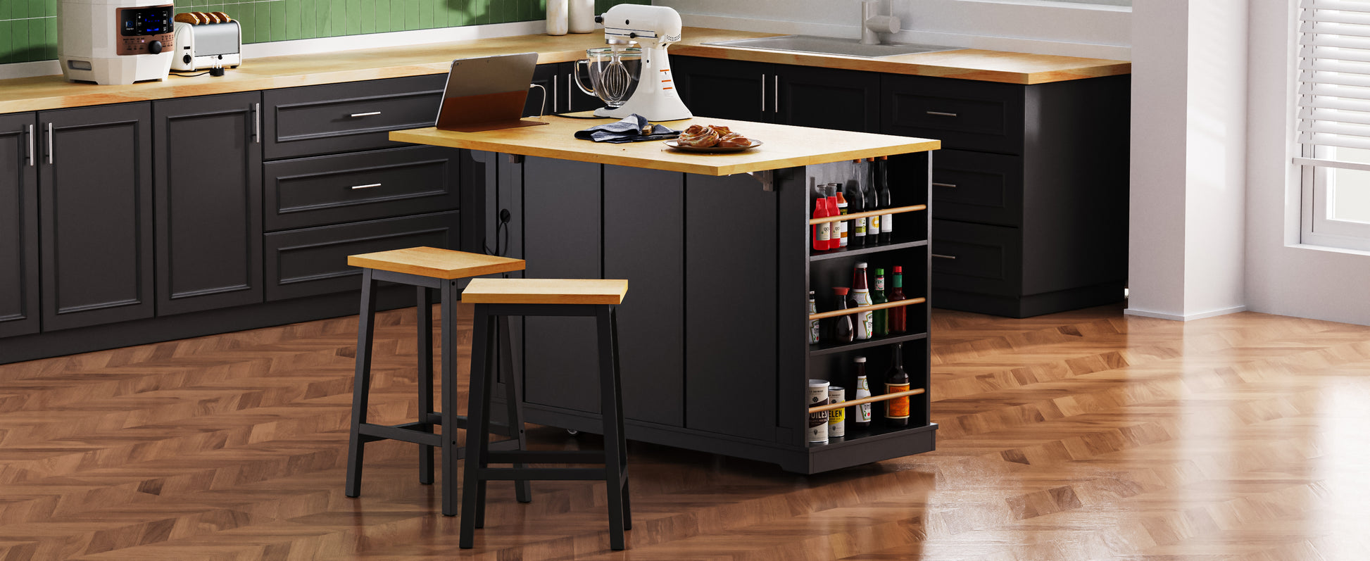 Black Kitchen Island Cart with Power Outlets and Drop Leaf Storage