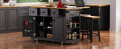 Black Kitchen Island Cart with Power Outlets and Drop Leaf Storage