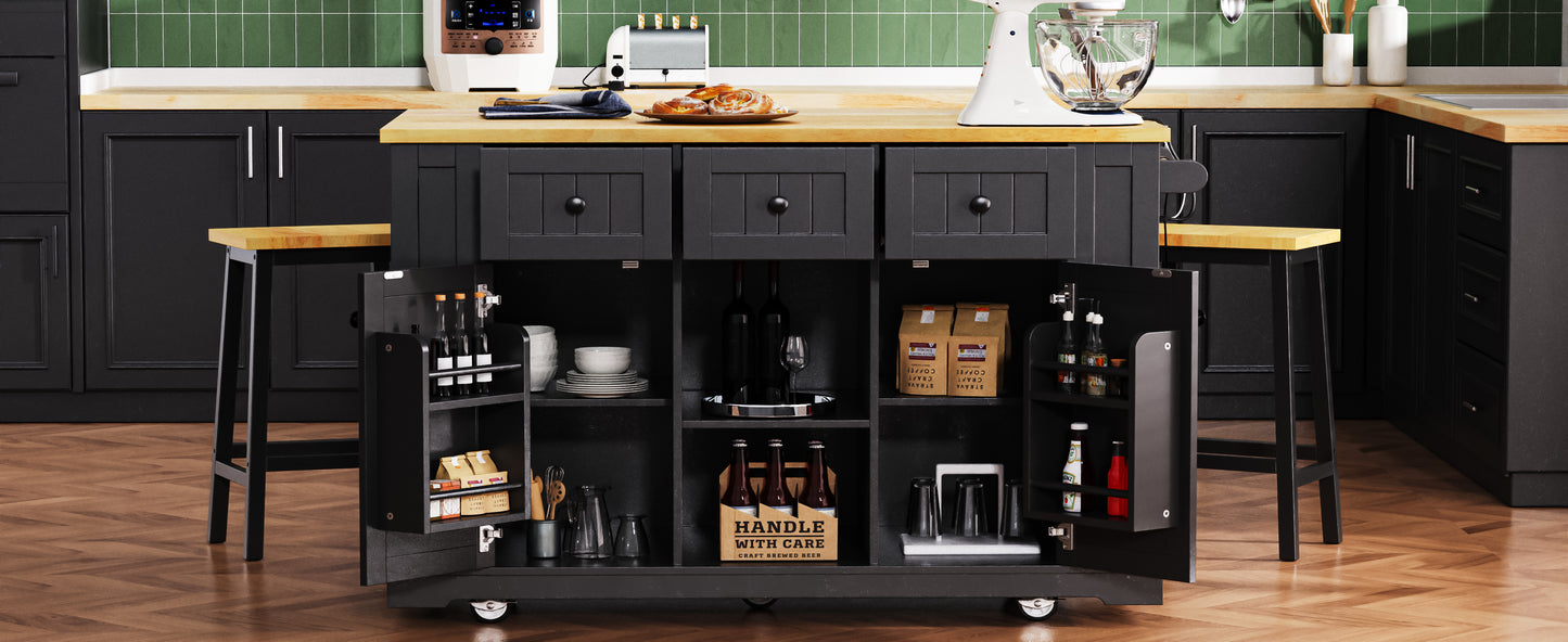 Black Kitchen Island Cart with Power Outlets and Drop Leaf Storage