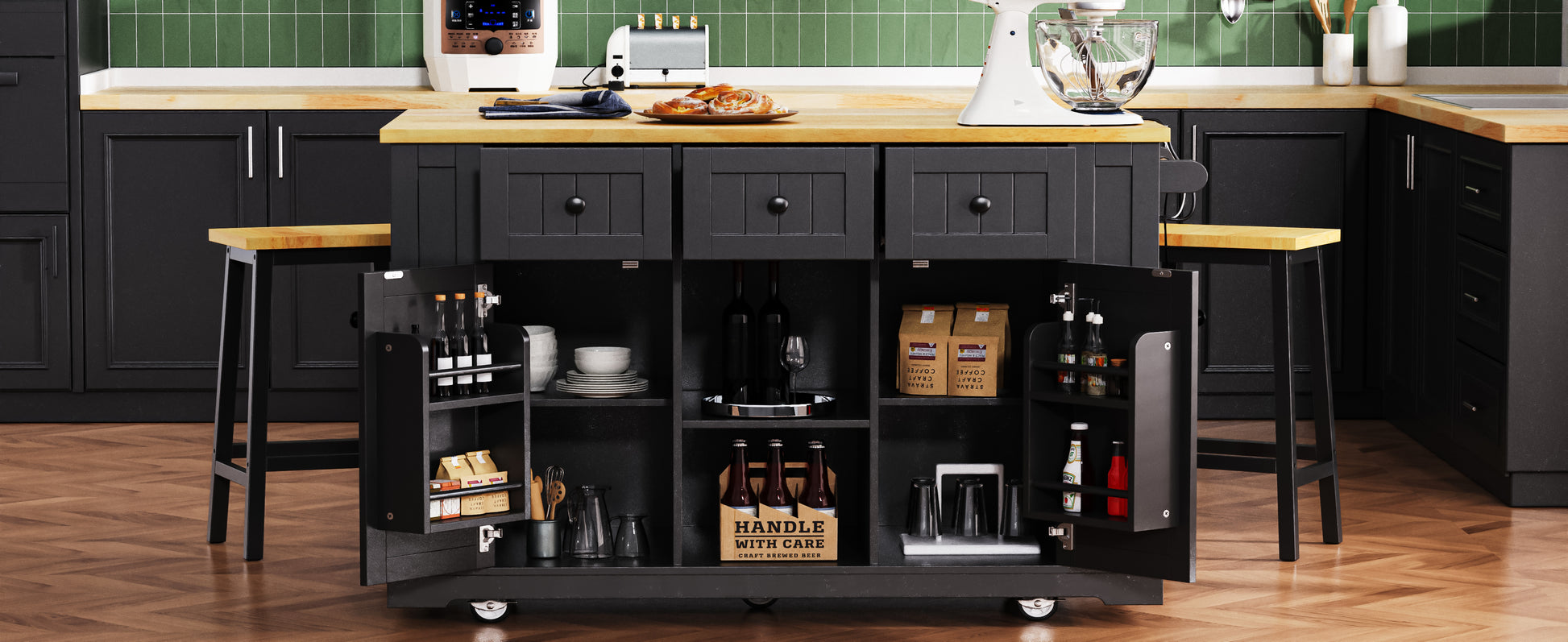 Black Kitchen Island Cart with Power Outlets and Drop Leaf Storage