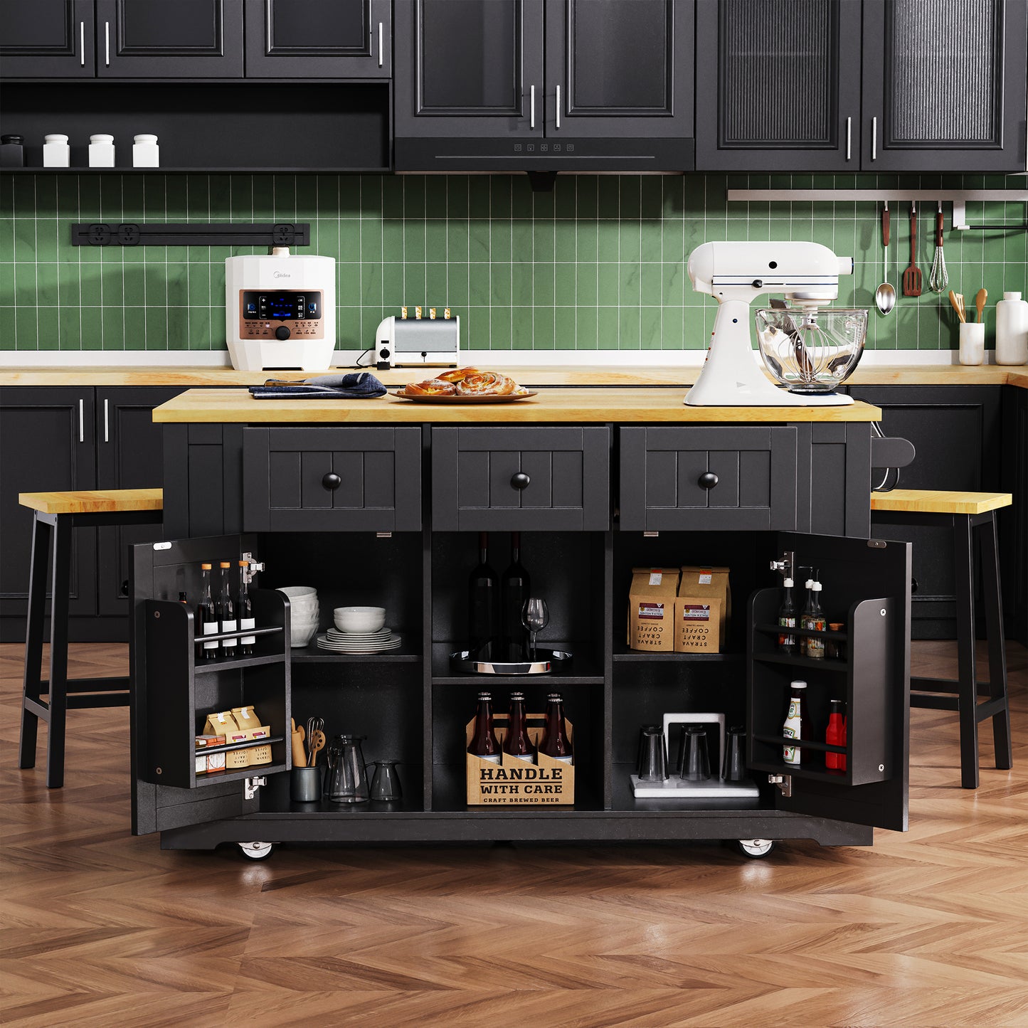 Black Kitchen Island Cart with Power Outlets and Drop Leaf Storage