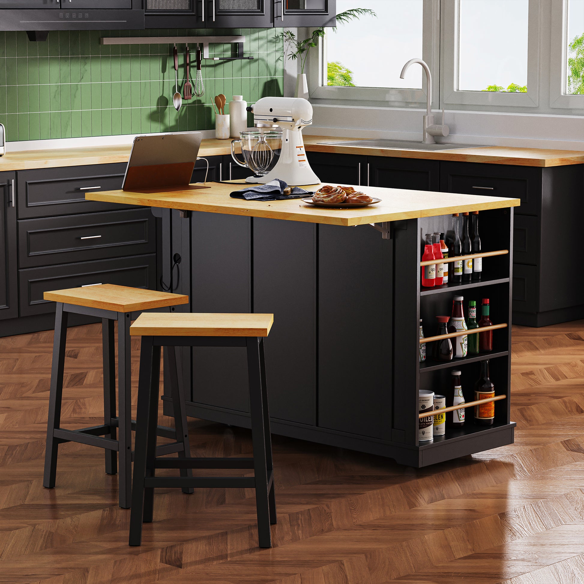 Black Kitchen Island Cart with Power Outlets and Drop Leaf Storage
