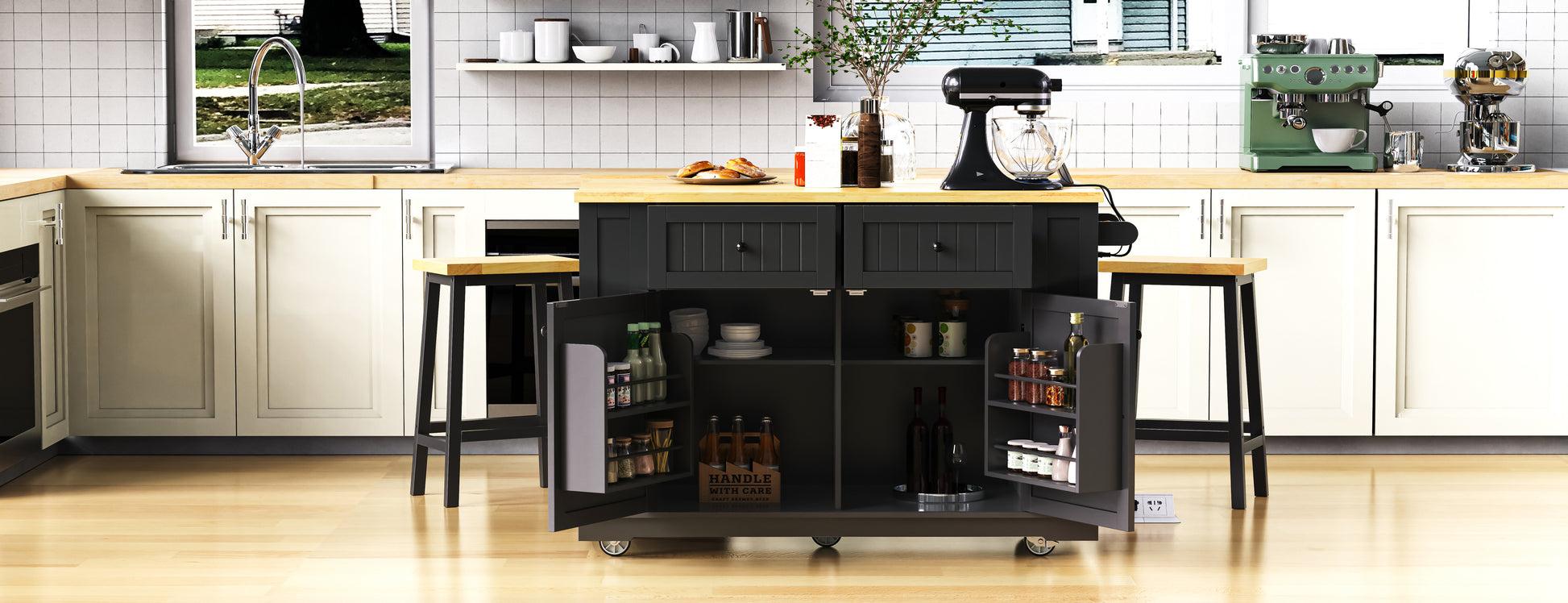 48 Inch Kitchen Island with 2 Bar Stools - Black